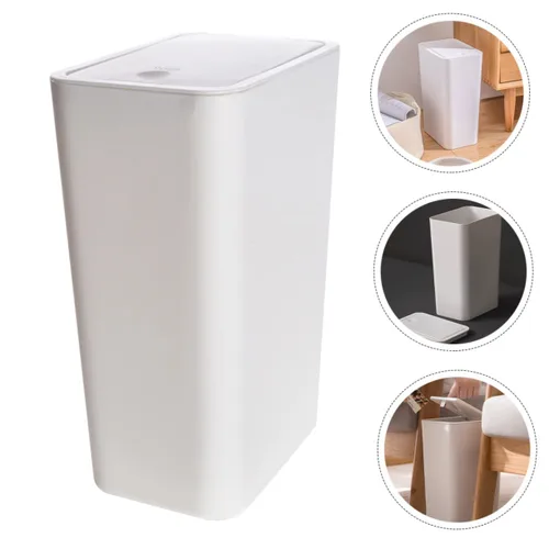 Vista 2 de Bote de basura delgado de plástico con tapa de prensa- para baño, cocina, oficina, color blanco