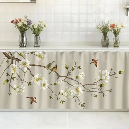 Vista 13 de SK Studio Cortinas cortas para cocina, estante de gabinete, a prueba de polvo, cortina opaca para café debajo del fregadero, falda para baño