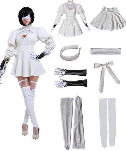 Vista 4 de miccostumes Vestido blanco de dos piezas para mujer, disfraz de cosplay tipo B, falda de leotardo, Blanco