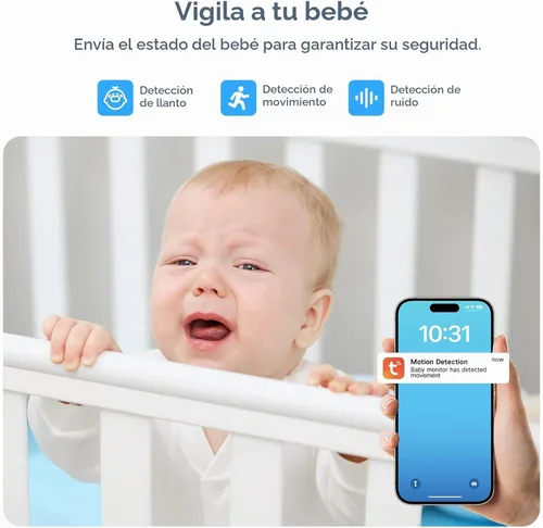 Vista 6 de Monitor de bebé con cámara y audio, cámara inteligente HD 2K para bebé, pantalla WiFi de 5 pulgadas, visión nocturna, sensor de humedad