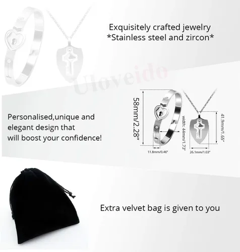 Vista 6 de Uloveido Collar con colgante de llave de escudo y pulsera de bloqueo para niñas y niños, juego de pulsera para hombres y mujeres, regalo