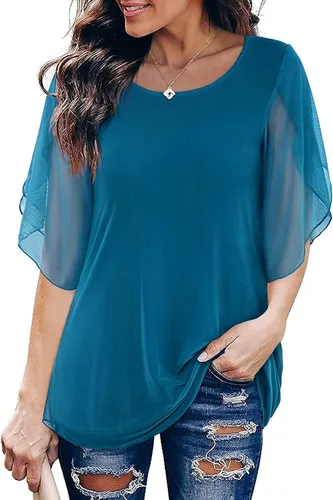 Vista 3 de SeSe Code - Blusa de malla para mujer, con volantes y manga 34, holgada y elástica