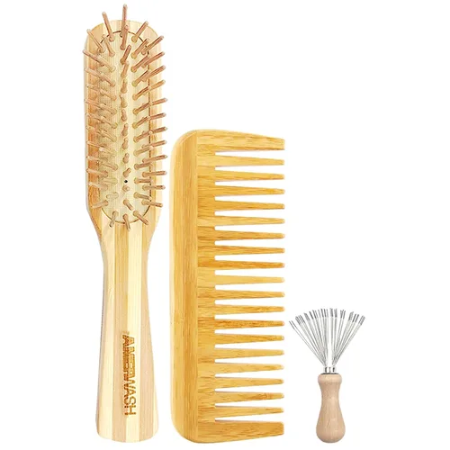 Vista 8 de Juego de peine de bambú para mujer, cepillo desenredante de paleta de madera para cabello grueso, fino, rizado, lacio, ondulado, fino, diente ancho