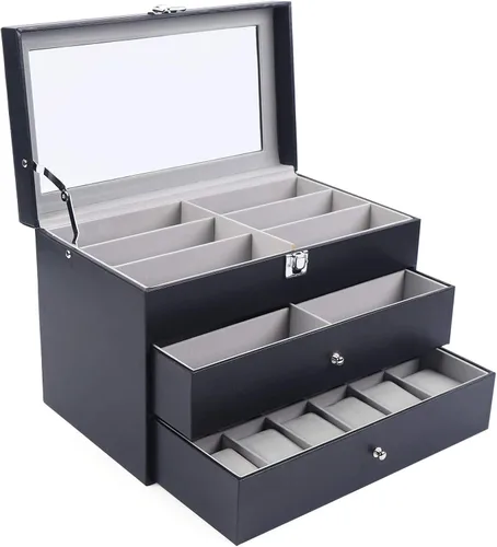 Vista 2 de Caja de cuero para 12 relojes y 12 piezas de almacenamiento para lentes y gafas de sol, cajón con cerradura con cerradura, color negro