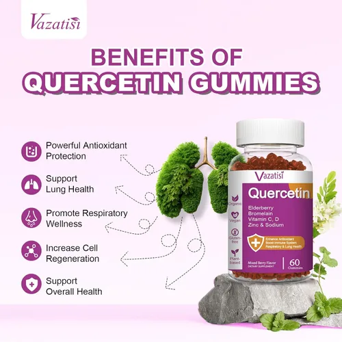 Vista 3 de Gomitas de quercetina, quercetina con vitamina C, zinc, bromelina, saúco y vitamina D, apoyo inmunológico para adultos y niños, mujeres y hombres
