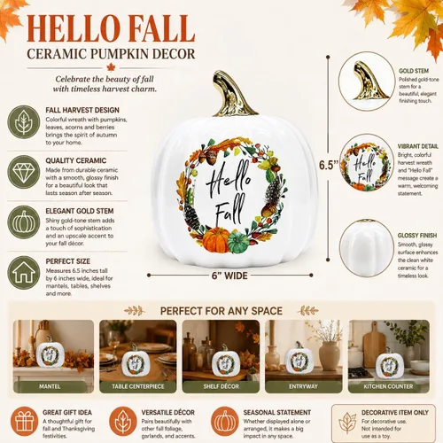 Vista 2 de Nature's Mark Decoración de calabaza de cerámica de cosecha de otoño, Hello Fall