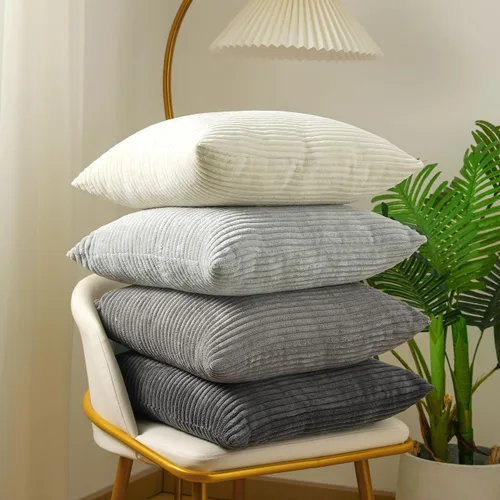Vista 15 de Lewondr - Fundas de almohada de pana, juego de 4 fundas cuadradas de 22x22 pulgadas, con diseños a rayas modernas, para sofá, sala de estar, Marrón