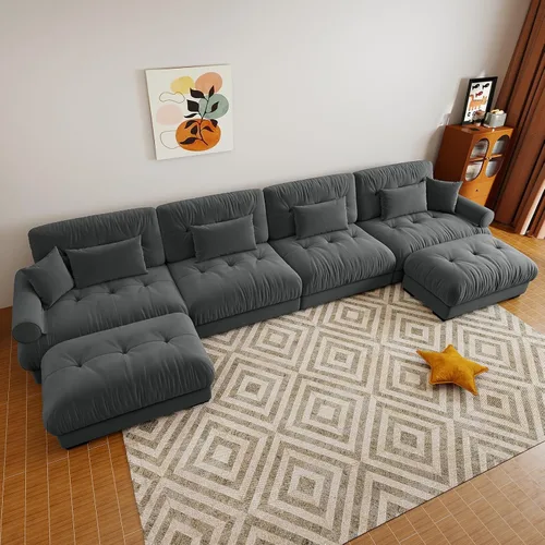Vista 28 de Sofá modular de gran tamaño de 94 pulgadas, sofás seccionales grandes de color beige y blanco para sala de estar, juego de sofá de terciopelo, sofás
