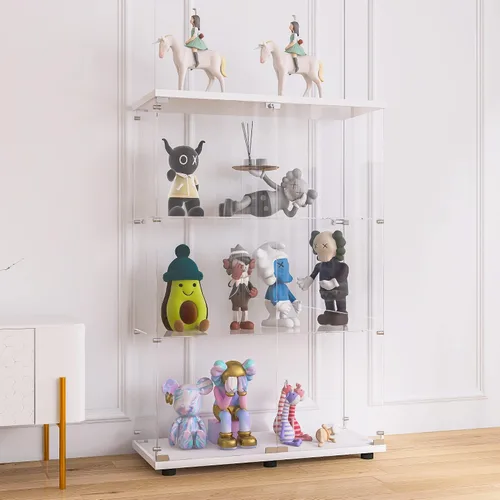 Vista 17 de Vitrina de cristal con luces LED y cerradura, vitrina Curio de 4 niveles con puerta de cristal, estantería de pie para sala de estar, dormitorio