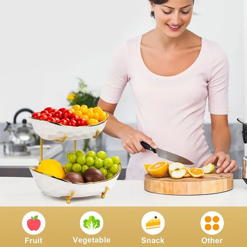 Vista 6 de Frutero para encimera de cocina, cesta de frutas de cerámica de dos niveles, soporte para frutas y verduras frescas, bandejas modernas para servir