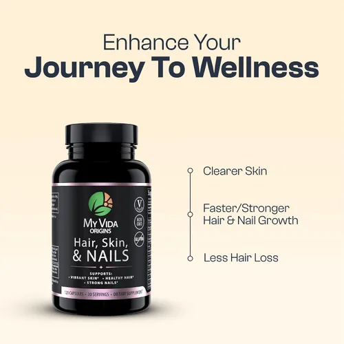 Vista 3 de My Vida Origins Cabello y uñas Cabello más grueso, uñas más fuertes, piel vibrante Apoya la belleza natural Zinc, biotina, vitamina E Vegano