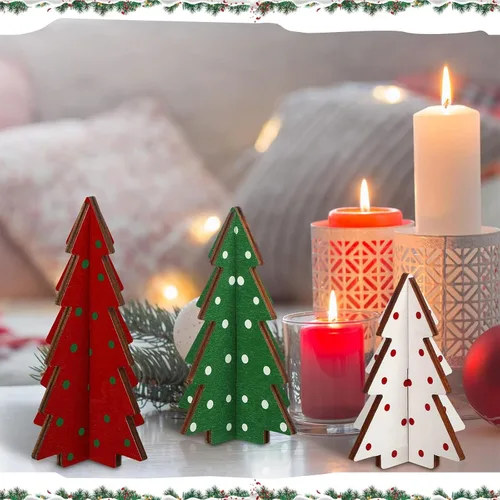 Vista 6 de 3 piezas de decoración de mesa de Navidad, decoración de árbol de Navidad, mesa de madera rústica, centro de mesa de Navidad de madera rústica