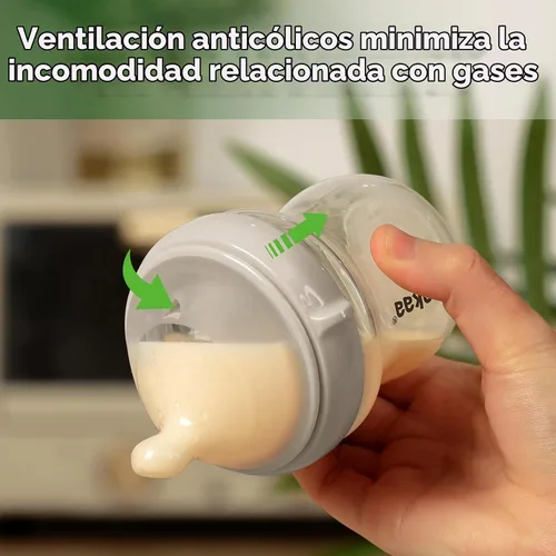 Vista 5 de haakaa Gen.3 Biberón de vidrio natural de 4.2 onzas líquidas, pezón de flujo lento anticólicos de cuello ancho para bebés amamantados de 0 meses Gris