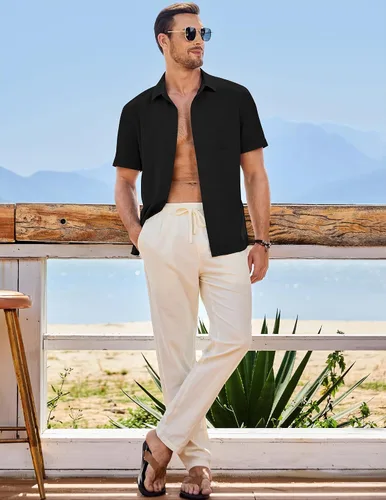 Vista 35 de JMIERR Camisas de vestir a rayas con botones y manga corta para hombre
