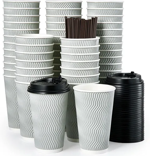 Vista 8 de MUCHII Tazas de café desechables de 12 onzas, 100 unidades, tazas con aislamiento ondulado para llevar con tapas y popotes para té, chocolate