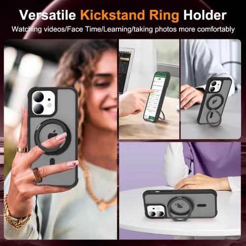 Vista 4 de Funda para iPhone 11 de 6.1 pulgadas con soporte de anillo magnético giratorio de 360°, compatible con MagSafe ligera y translúcida mate, funda