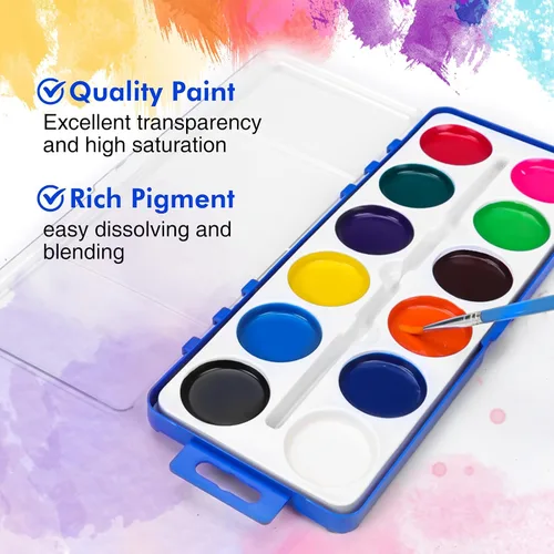Vista 4 de Juego de 100 pinturas de acuarela para niños, 12 colores de acuarelas con pincel, juego de pintura de acuarela para niños para recuerdos de fiesta
