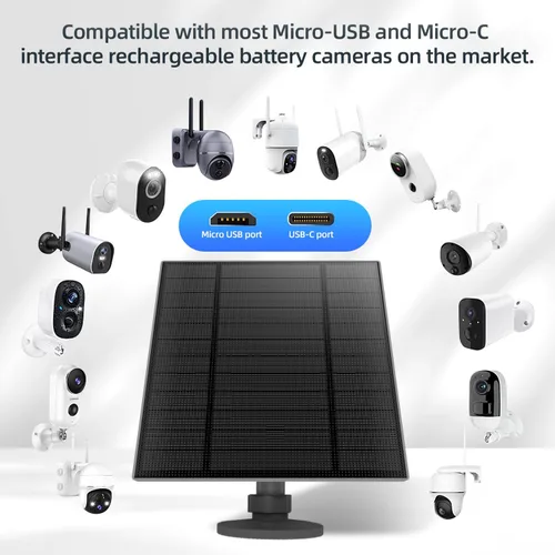 Vista 4 de Panel solar de 5 W para cámara de seguridad, panel solar con puerto micro USB y USB-C para cámara de batería recargable de 5 V CC al aire libre