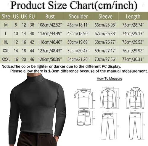 Vista 5 de Mens Flannel Shirts Long Sleeve Male Autumn and Winter Solid Color T Shirt Top Turtleneck Top Petite Mock