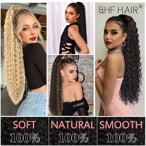 Vista 5 de Extensión de cola de caballo larga con cordón sintético de 26 pulgadas, moño rizado 4# Clip en extensión de pelo para mujer
