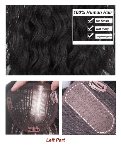 Vista 6 de Peluca de cabello humano rizado natural para mujer, con clip, 5.1 x 5.5 in, parte superior plateada, parte izquierda para cubrir pérdida de cabello