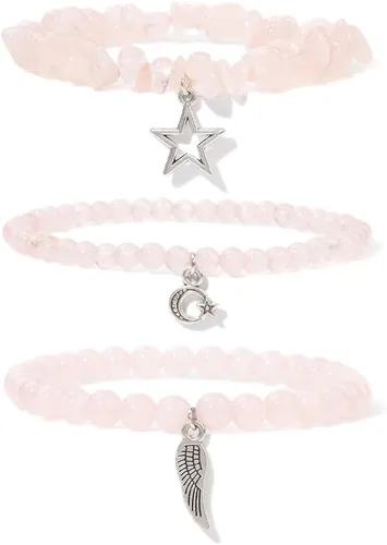 Vista 11 de Juego de 3 pulseras de cuentas de piedra natural para mujeres y hombres, estrellas y luna, alas de ángel, juego de pulseras curativas de reiki