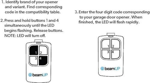 Vista 5 de beamUP Transmisor remoto universal para puerta de garaje, control remoto de puerta de garaje de 4 botones para operar 4 puertas de garaje separadas
