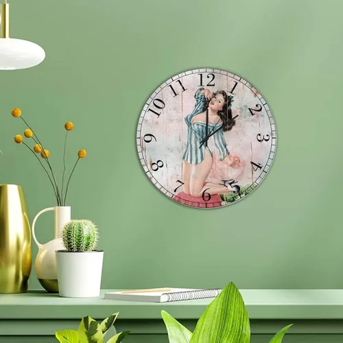 Vista 5 de Pin Up - Reloj de madera para niñas, silencioso, funciona con pilas, 12 pulgadas, estilo retro, de madera, con números arábigos, para el hogar