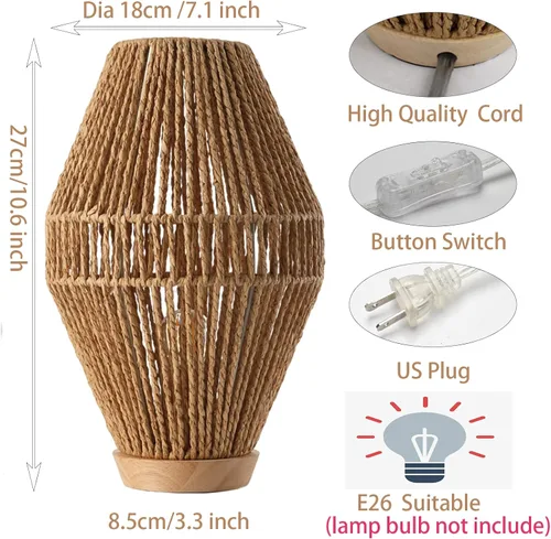 Vista 2 de Lámparas de mesa boho para dormitorio y sala de estar - Pequeñas linternas de canasta tejida natural con pantallas de cuerda de papel
