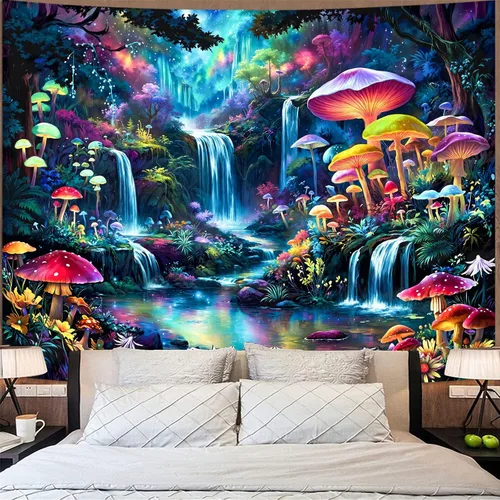 Vista 19 de Zussun Tapiz de hongo rojo, tapices de luna y estrella para dormitorio, estética de color beige, noche estrellada, planta verde, tapiz de pared