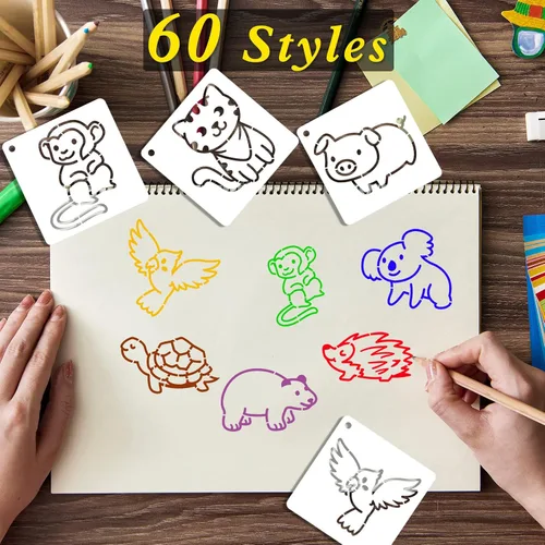 Vista 2 de MWOOT 60 plantillas de pintura de animales lindos, plantillas de dibujo impermeables para bricolaje, tela de lona, decoración de pared, juego