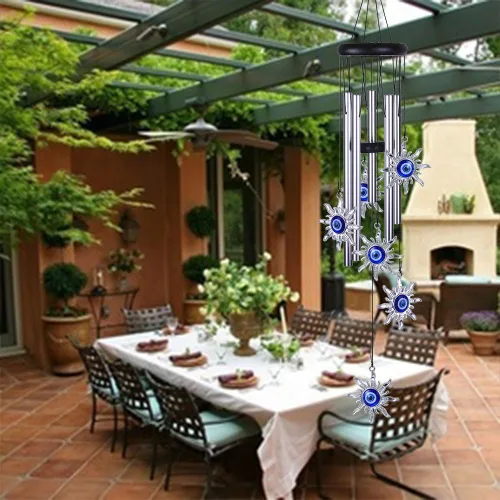 Vista 9 de Campanillas de viento azules con ojo maléfico para decoración exterior, atrapavientos móvil con sol y ojo maléfico, campanas de viento con sol y ojo
