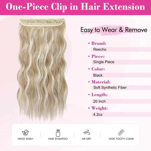 Vista 7 de REECHO Extensiones de cabello rubio, extensiones de una pieza con clip de 20" para mujer, extensiones de cabello sintético suave y natural con ondas