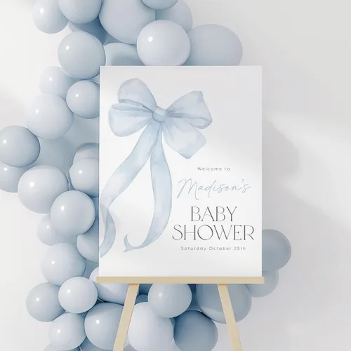 Vista 2 de Letrero de bienvenida para baby shower, letrero personalizado para baby shower, lazo azul, 18 x 27 pulgadas, plástico