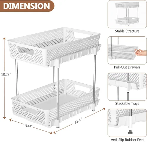 Vista 2 de DABIGE Paquete de 2 organizadores de baño extraíbles y almacenamiento, organizador de almacenamiento apilable de 2 niveles para baño, gabinete