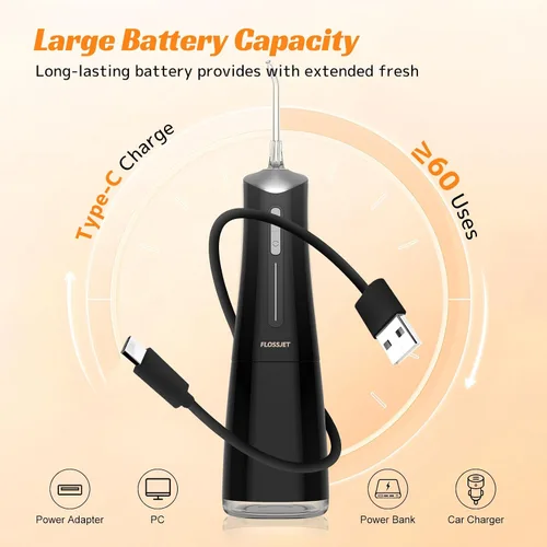 Vista 6 de FlossJet Irrigador bucal inalámbrico con 10.1 fl oz, 5 puntas, 4 modos, USB, cargador portátil, limpiador de riego IPX7, irrigador eléctrico dental