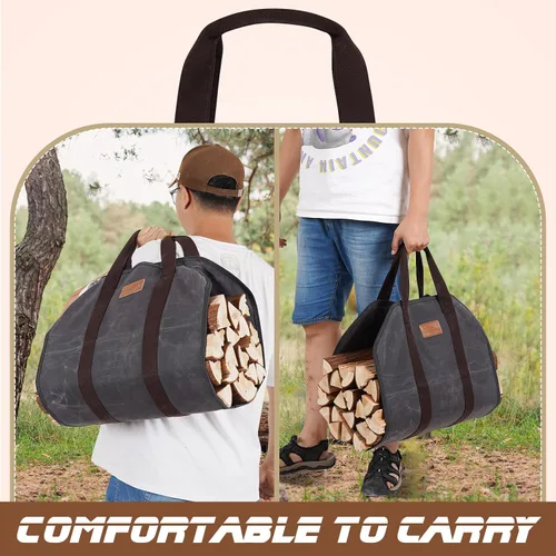 Vista 7 de Bolsa de lona encerada de leña con asas, soporte de leña resistente, para chimenea, accesorios para estufa de leña para campamento, barbacoa
