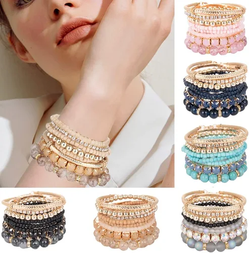 Vista 4 de FINZOR 6 juegos de pulseras bohemias apilables de cuentas para mujer, pulseras elásticas multicolores, pulseras ajustables de cuentas en capas