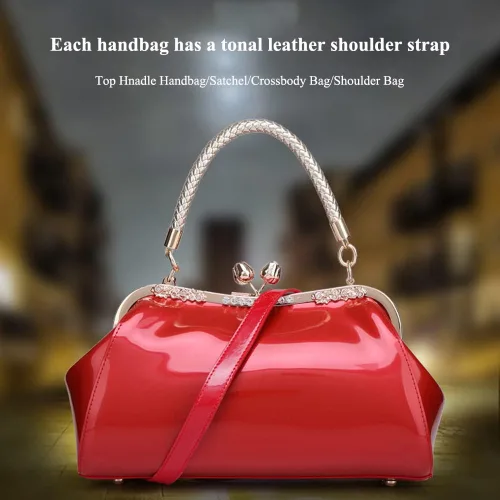 Vista 6 de ZiMing Bolsos de charol brillantes para mujer, bolsos vintage con cerradura de beso con asa superior de metal, bolsos de noche