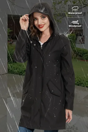 Vista 2 de Fahsyee Chubasquero para mujer, chaqueta impermeable con capucha, rompevientos para exteriores, larga actividad