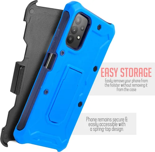 Vista 6 de Funda diseñada para Samsung Galaxy A02S, con soporte giratorio de vidrio templado con clip para cinturón, funda protectora de cuerpo completo Azul