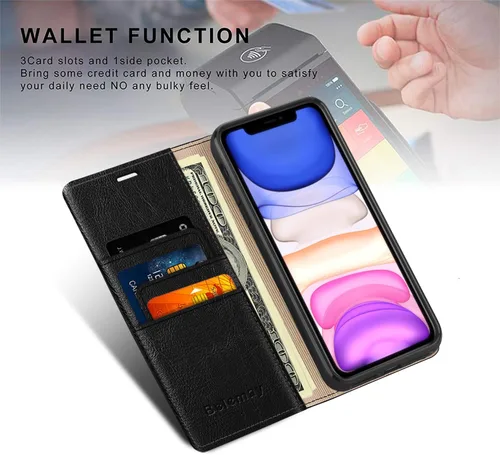 Vista 4 de Belemay Funda Compatible con iPhone 15 Funda Cartera - Cuero Genuino - Portadores de Tarjetas con Bloqueo RFID - Carcasa TPU Resistente a Golpes