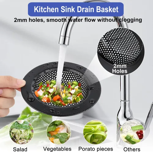 Vista 2 de Colador de drenaje para fregadero de cocina, paquete de 3 tapones de acero inoxidable, cesta de drenaje antiobstrucción para fregadero de cocina