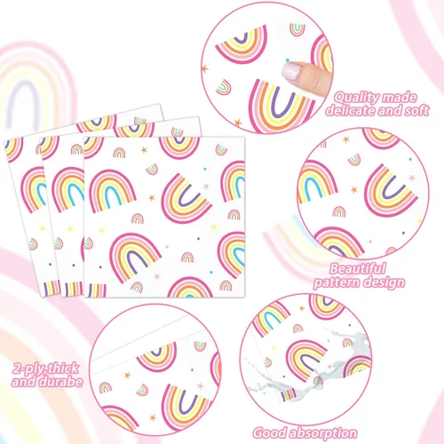Vista 4 de 96 platos de fiesta de arco iris, servilletas para fiestas temáticas de arco iris, platos de papel desechables, servilletas de papel desechables