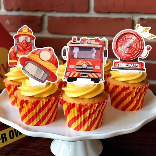 Vista 4 de 48 piezas de decoraciones de cumpleaños para camiones de bomberos, decoración de cumpleaños de bomberos, decoración de cupcakes para camiones