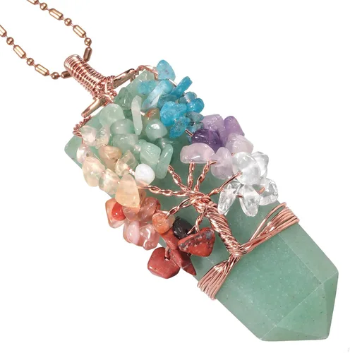 Vista 12 de TUMBEELLUWA Collar con colgante de árbol de 7 chakras unisex, alambre de cobre envuelto en 6 facetas con piedra de cristal con dije de amuleto