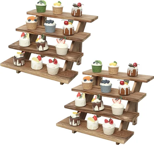 Vista 11 de SwallowLiving 2 soportes rústicos de madera para cupcakes para 24 cupcakes, soporte de exhibición de madera escalonada para bodas, mesa de fiesta