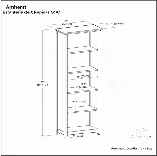 Vista 3 de SIMPLIHOME Amherst - Librero de 70 pulgadas de alto con 5 estantes de madera maciza en color marrón rústico, almacenamiento transicional para sala