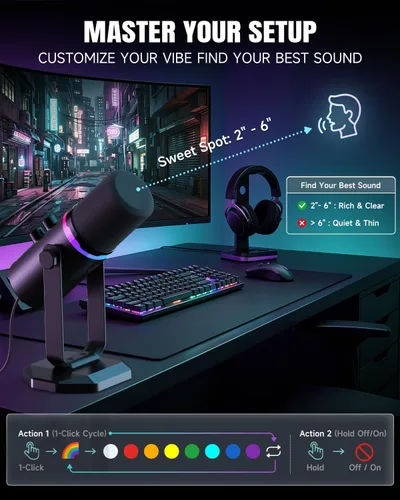 Vista 7 de AOC Micrófono dinámico USB/XLR para juegos de PC, podcast y grabación, micrófono RGB de modo dual y equipo vocal de transmisión con soporte