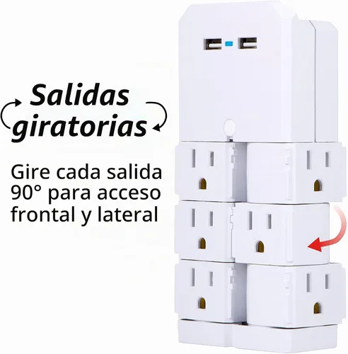 Vista 3 de GE - Extensor de 6 tomas con salidas giratorias, 2 puertos USB, enchufe de pared con toma de tierra, estante para dispositivos incorporado